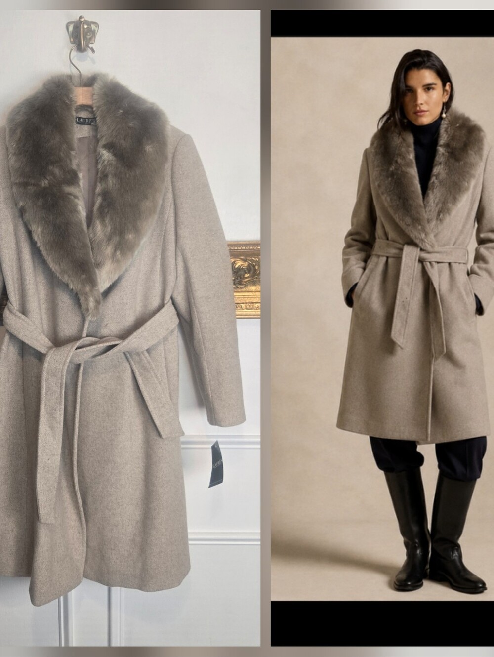 NWT $420 Ralph Lauren Wool Faux Fur-Trim Belted Coat - Taupe Gray Size 6 Sm Med